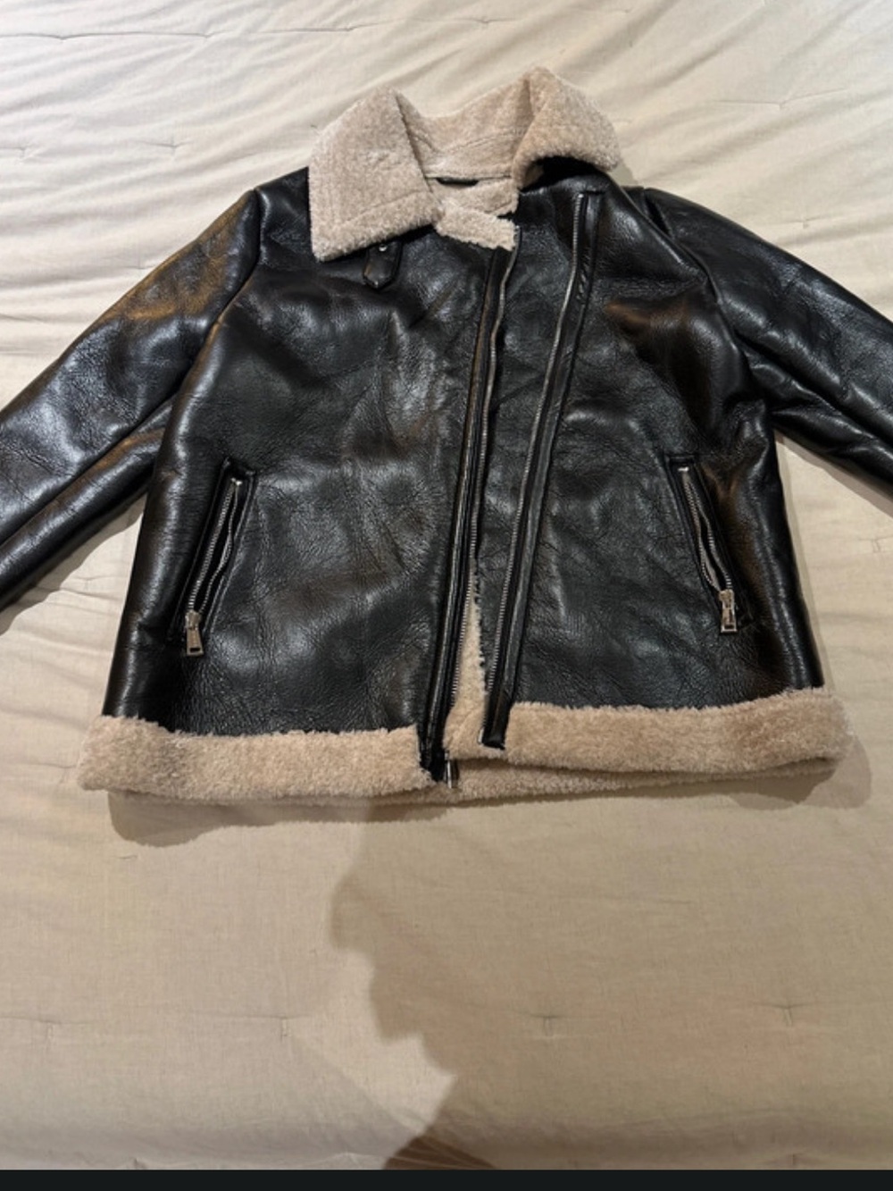 Sanctuary Black Faux Leather Shearling Jacket with Cream Trim - XL